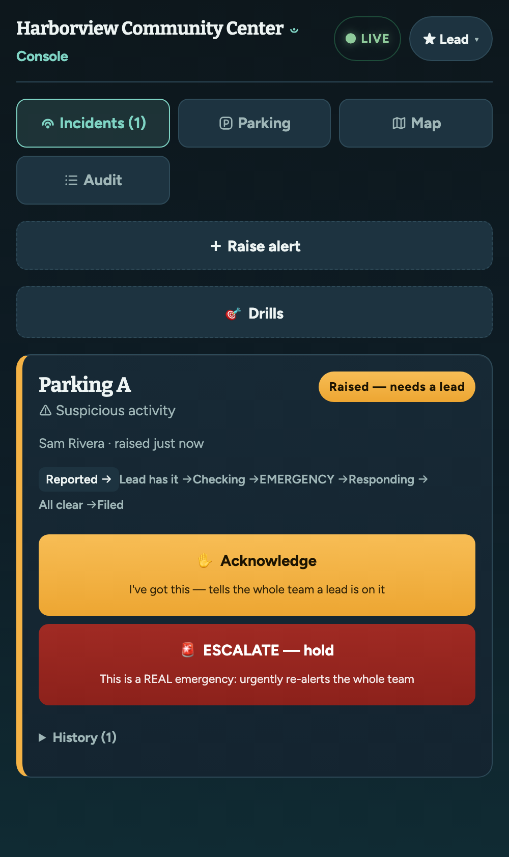 The lead console showing a live incident with a plain-language lifecycle and Acknowledge or Escalate actions.